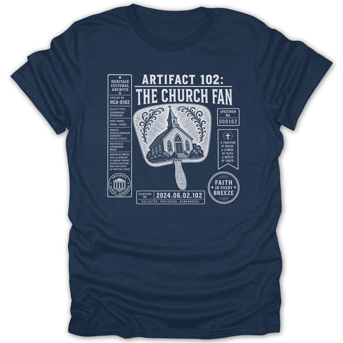 Navy t-shirt with "The Church Fan" artifact design and related descriptive text.