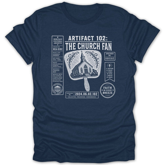 Navy t-shirt with "The Church Fan" artifact design and related descriptive text.
