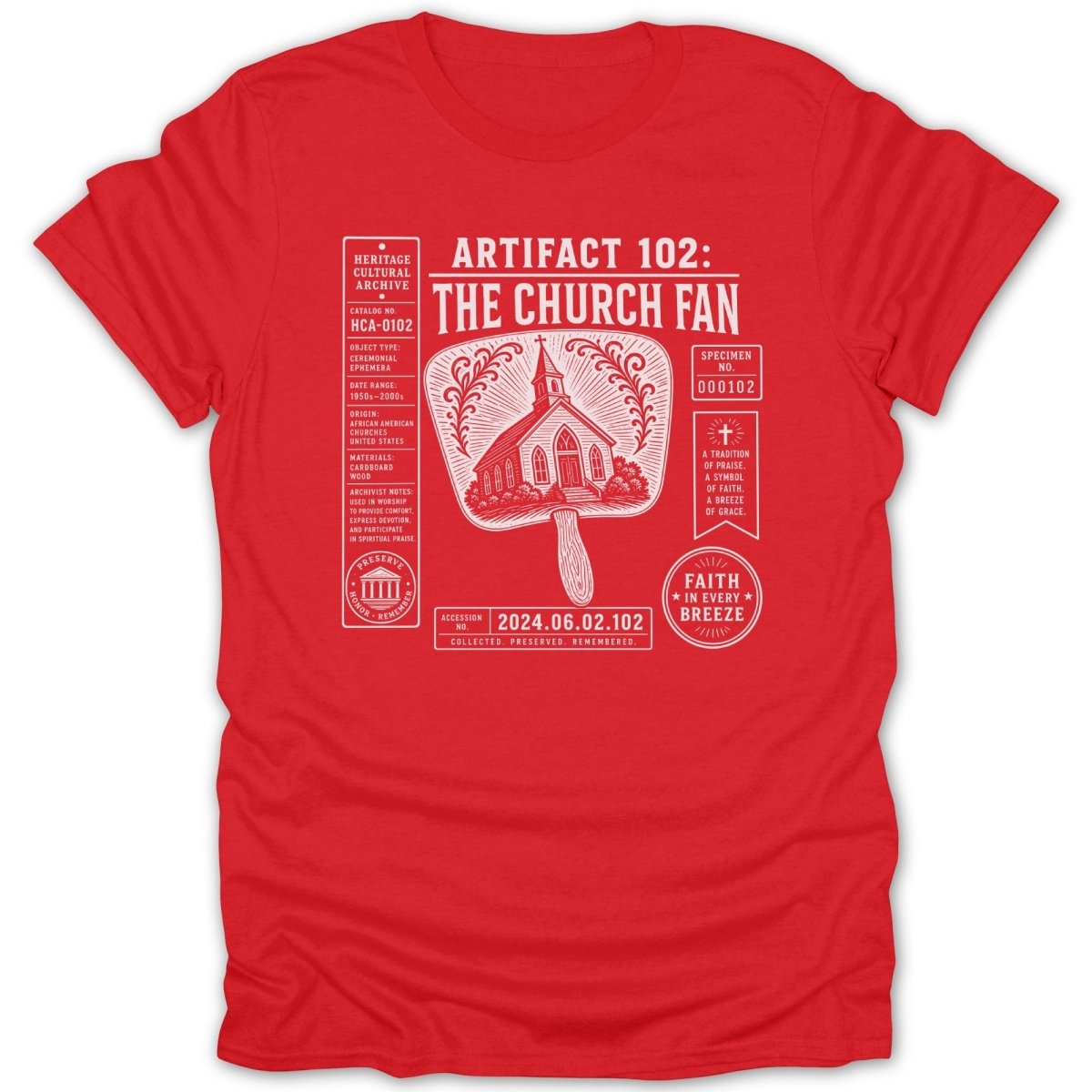 Red t-shirt featuring a graphic titled "Artifact 102: The Church Fan" with church illustration.