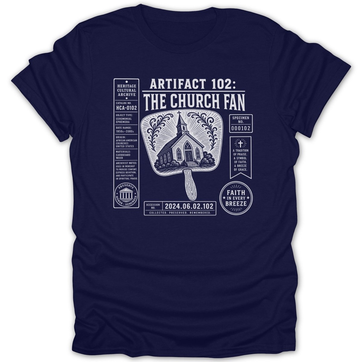 Navy t-shirt with "Artifact 102: The Church Fan" graphic, including a church illustration.