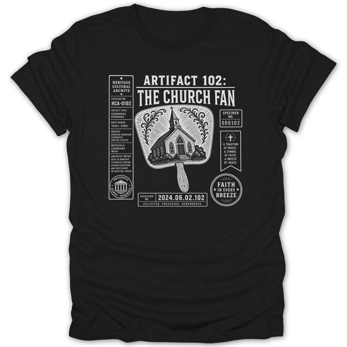 Black t-shirt with "Artifact 102: The Church Fan" and illustrated church fan.