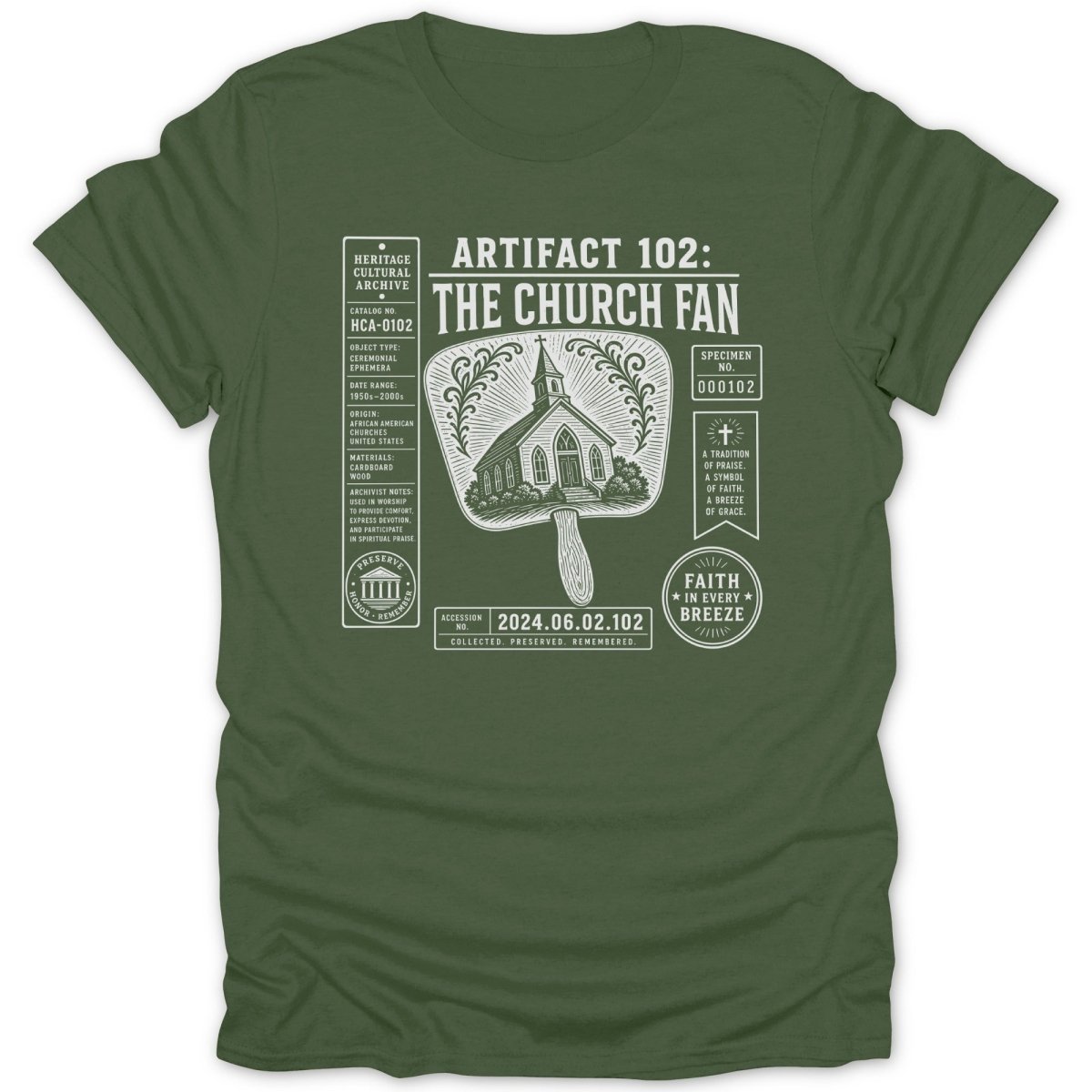 Green t-shirt with "Artifact 102: The Church Fan" graphic.
