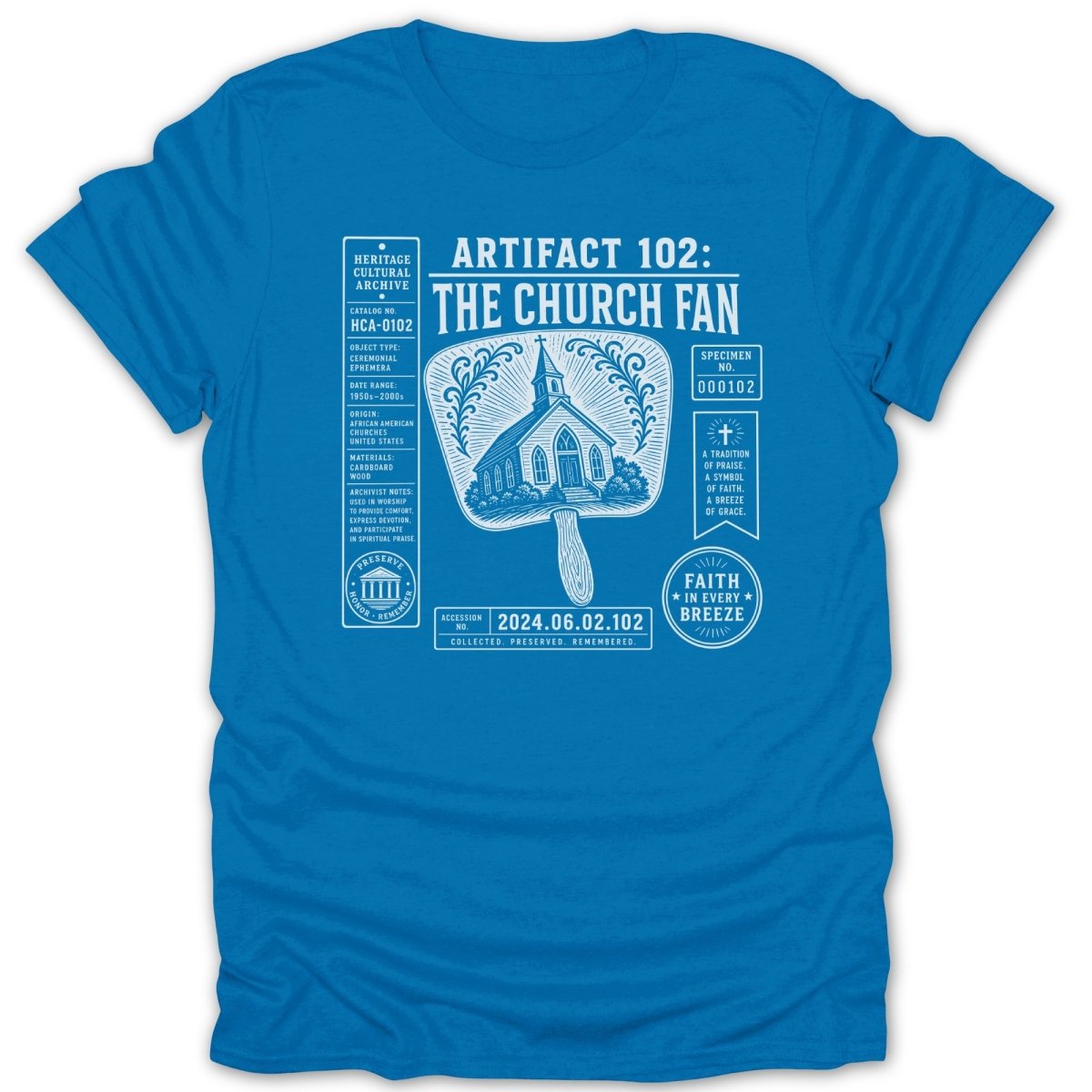 Blue t-shirt with graphic depicting an antique church fan with text.