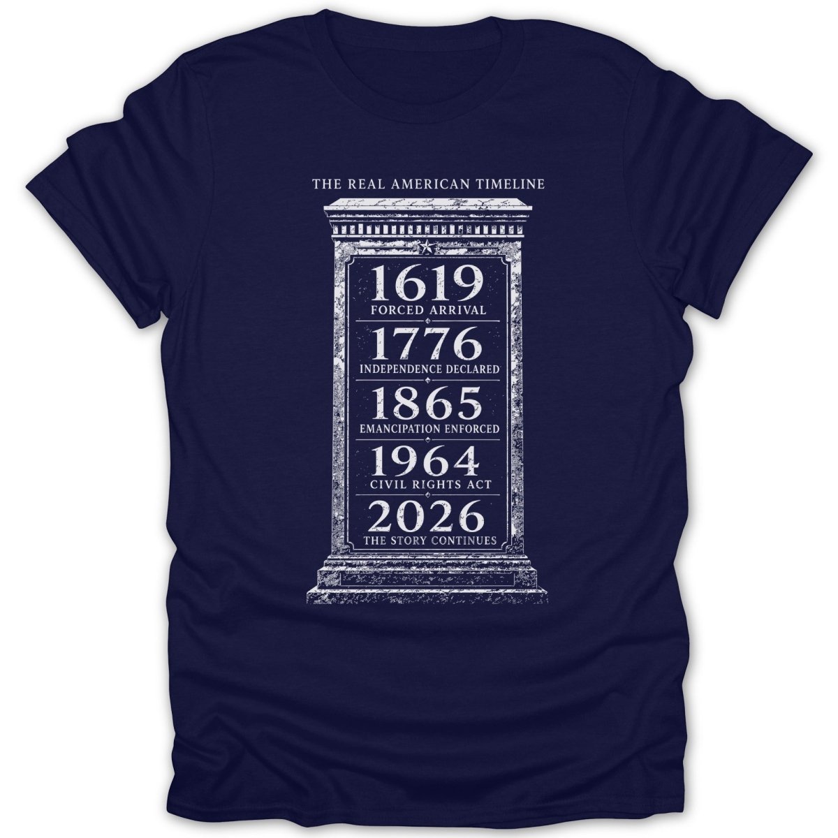 Navy t-shirt with "The Real American Timeline" and key historical dates and events.