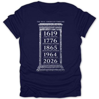Navy t-shirt with "The Real American Timeline" and key historical dates and events.