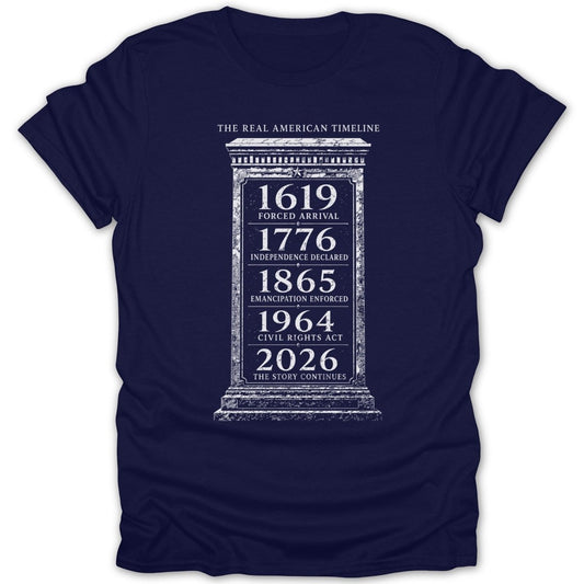 Navy t-shirt with "The Real American Timeline" and key historical dates and events.