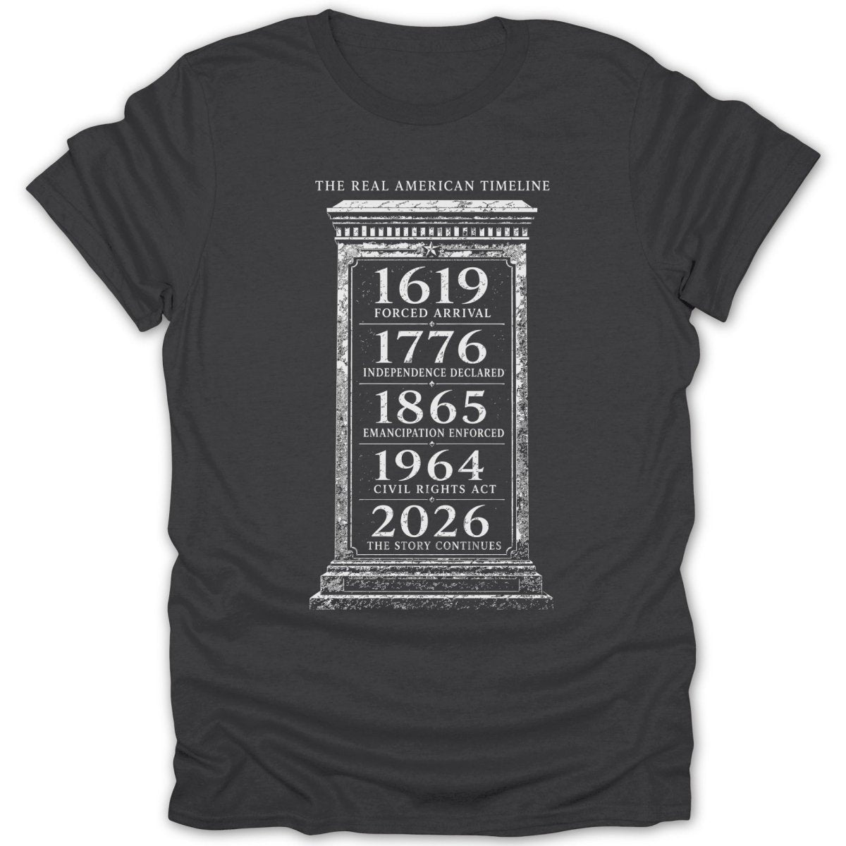 T-shirt with "The Real American Timeline" and dates from 1619 to 2026.