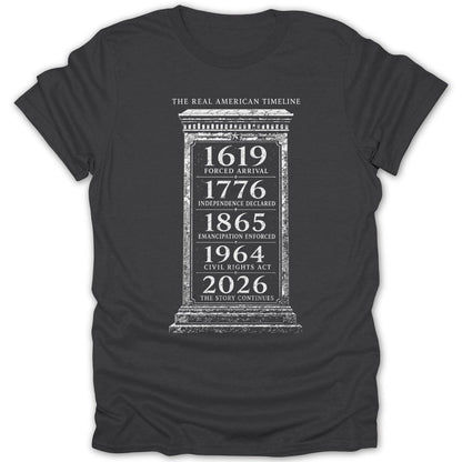 T-shirt with "The Real American Timeline" and dates from 1619 to 2026.