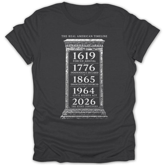 T-shirt with "The Real American Timeline" and dates from 1619 to 2026.