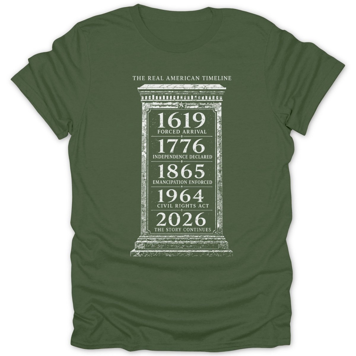 The Real American Timeline with historical dates and events on a green t-shirt.