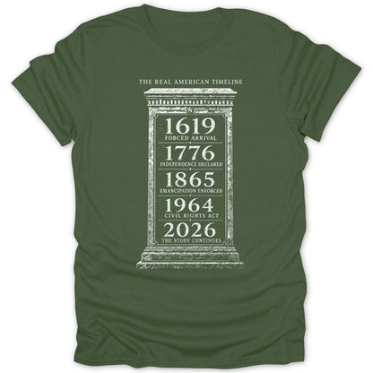 The Real American Timeline with historical dates and events on a green t-shirt.