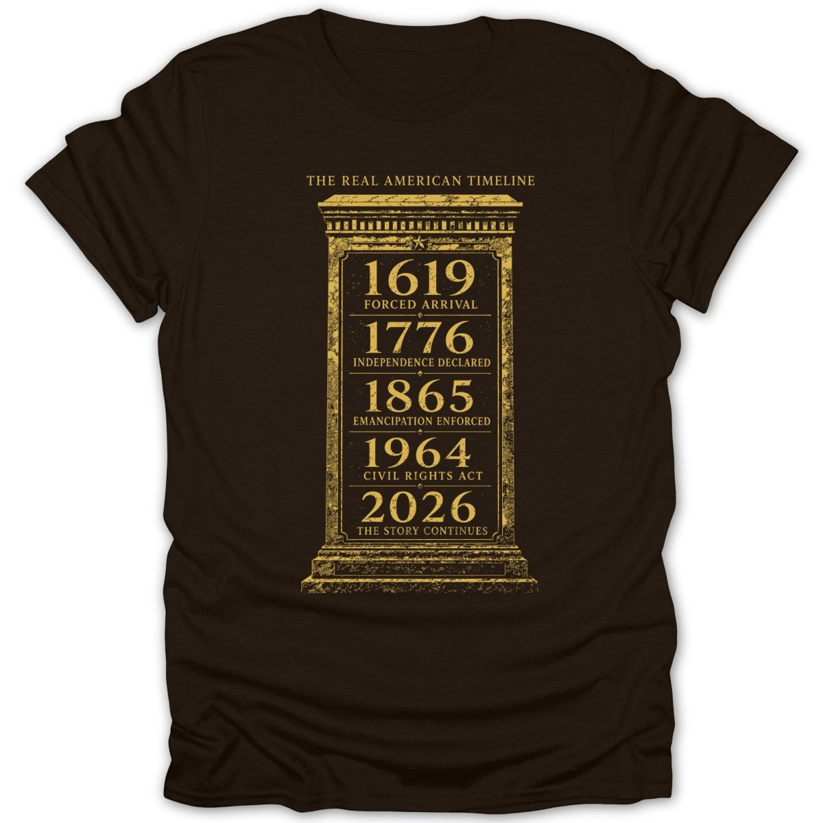 Brown t-shirt with "The Real American Timeline" and key historical dates.