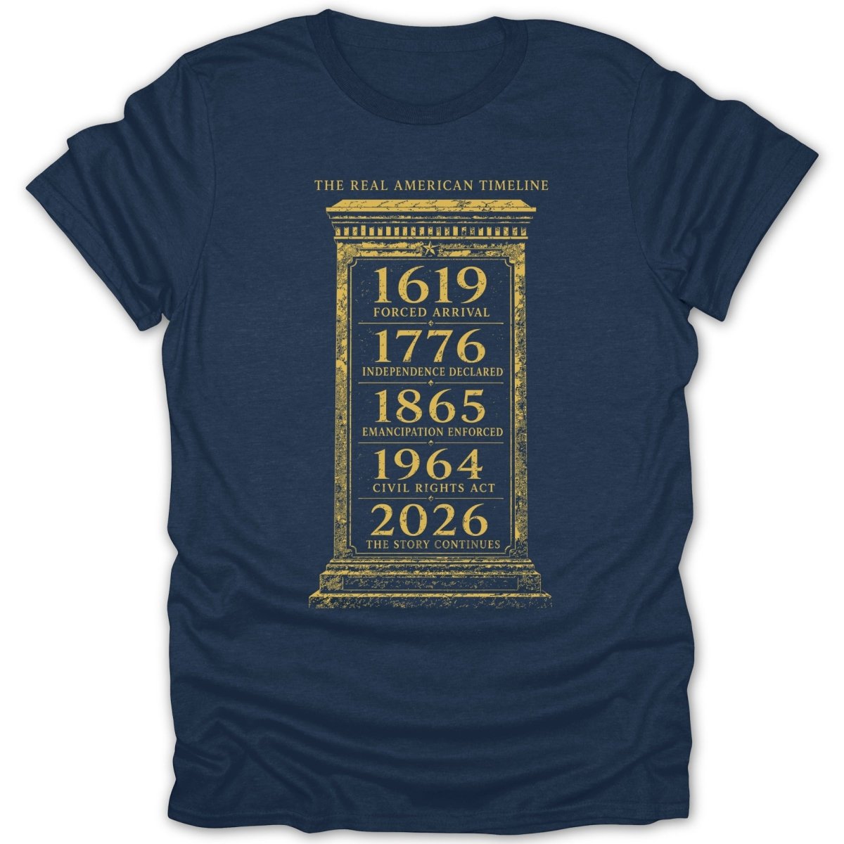 The Real American Timeline with historical dates and events on a navy t-shirt.