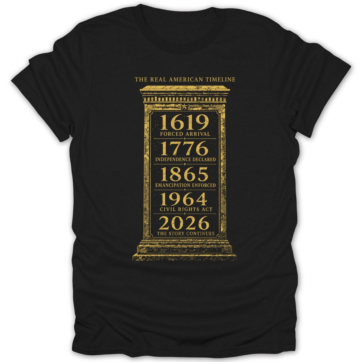 Black t-shirt with "The Real American Timeline" and key historical dates.