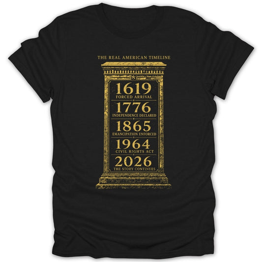 Black t-shirt with "The Real American Timeline" and key historical dates.