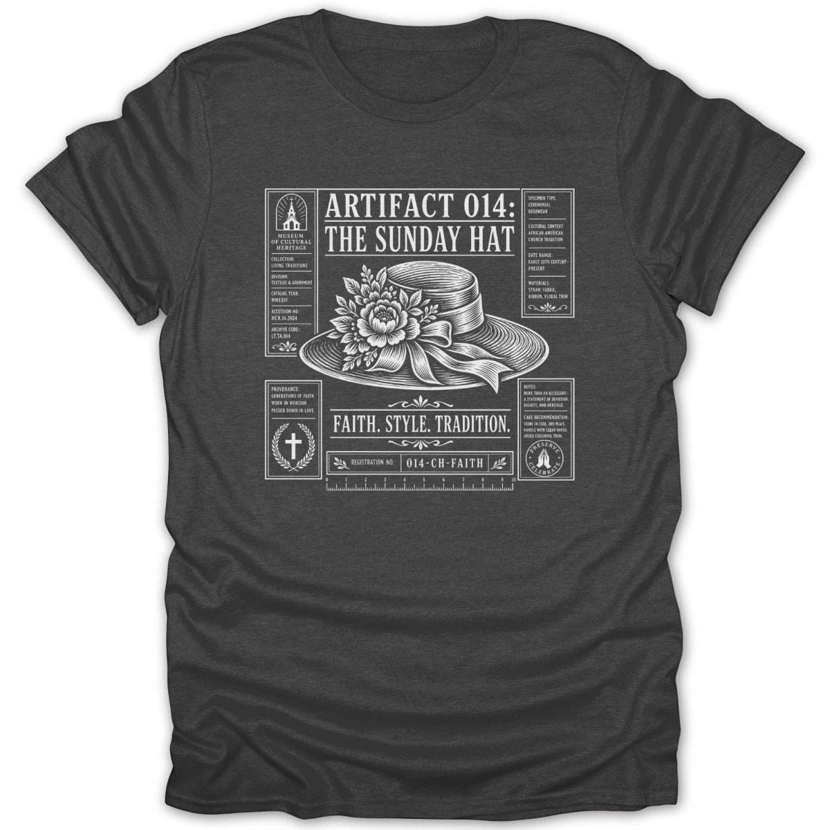 T-shirt design with illustration of a hat, text about "The Sunday Hat" artifact.
