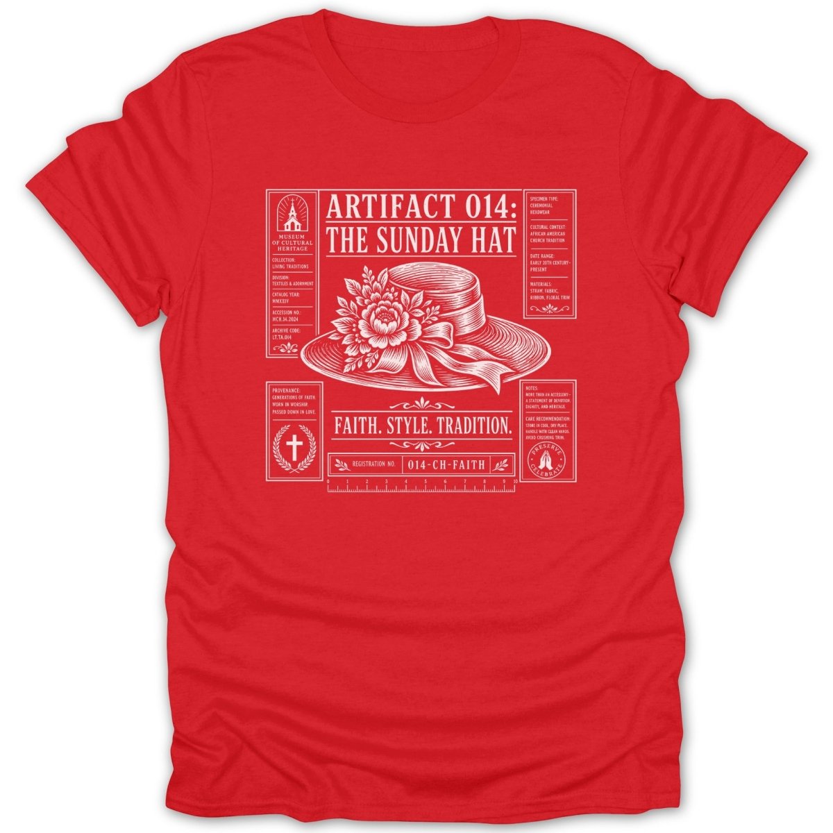 Red t-shirt with white text and illustration of a hat, museum information, and "Faith. Style. Tradition."