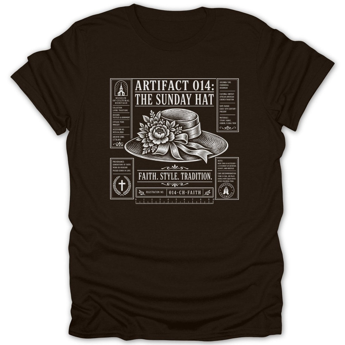 Brown t-shirt featuring "Artifact 014: The Sunday Hat" graphic.