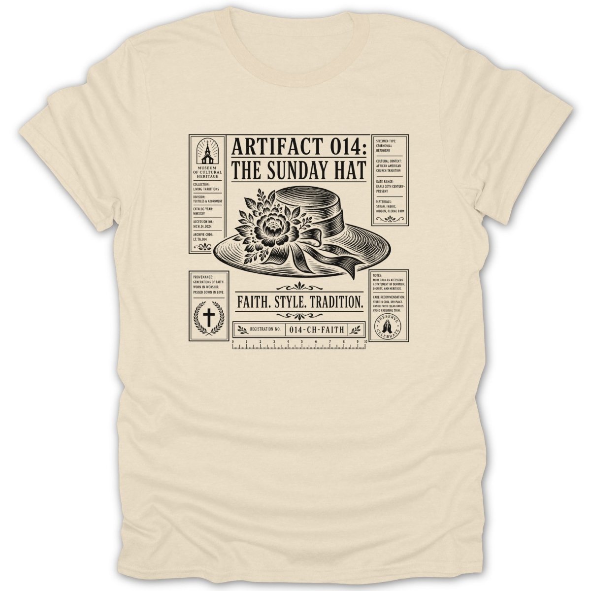 Design featuring an artifact label for "The Sunday Hat" with text and hat illustration.