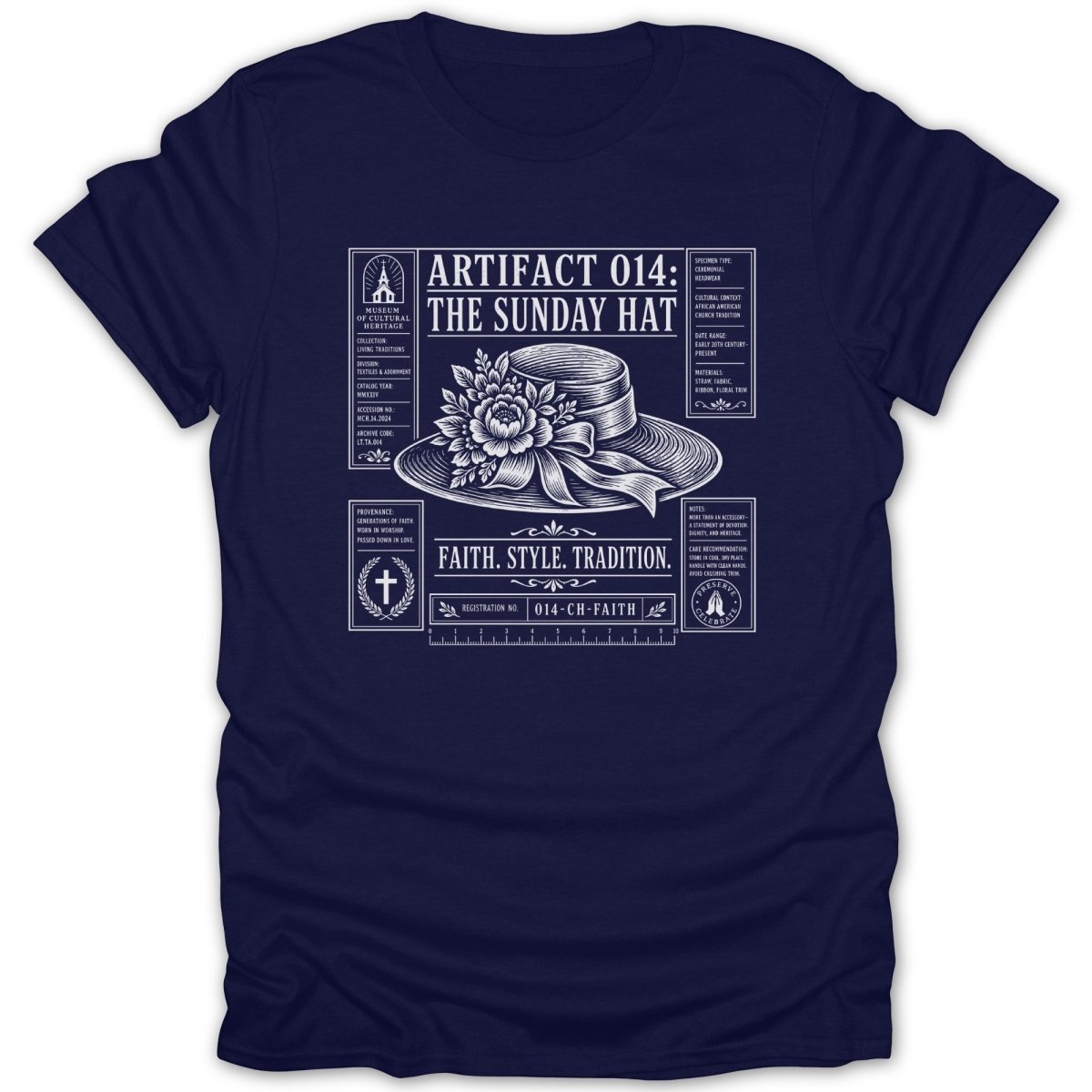 Dark blue t-shirt with white graphic of a hat and text about "Artifact 014: The Sunday Hat."