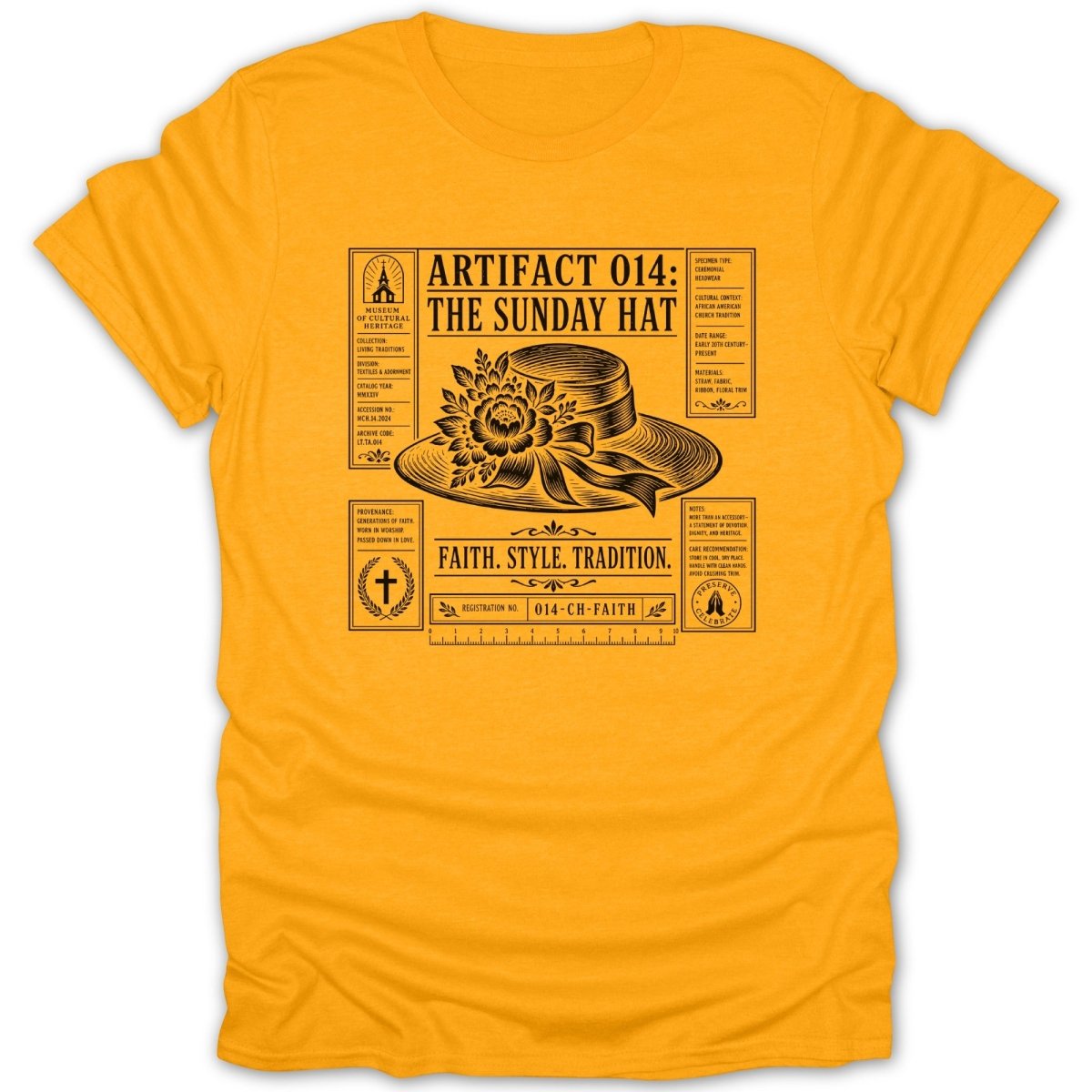 T-shirt with black print of "Artifact 014: The Sunday Hat" and vintage hat illustration.
