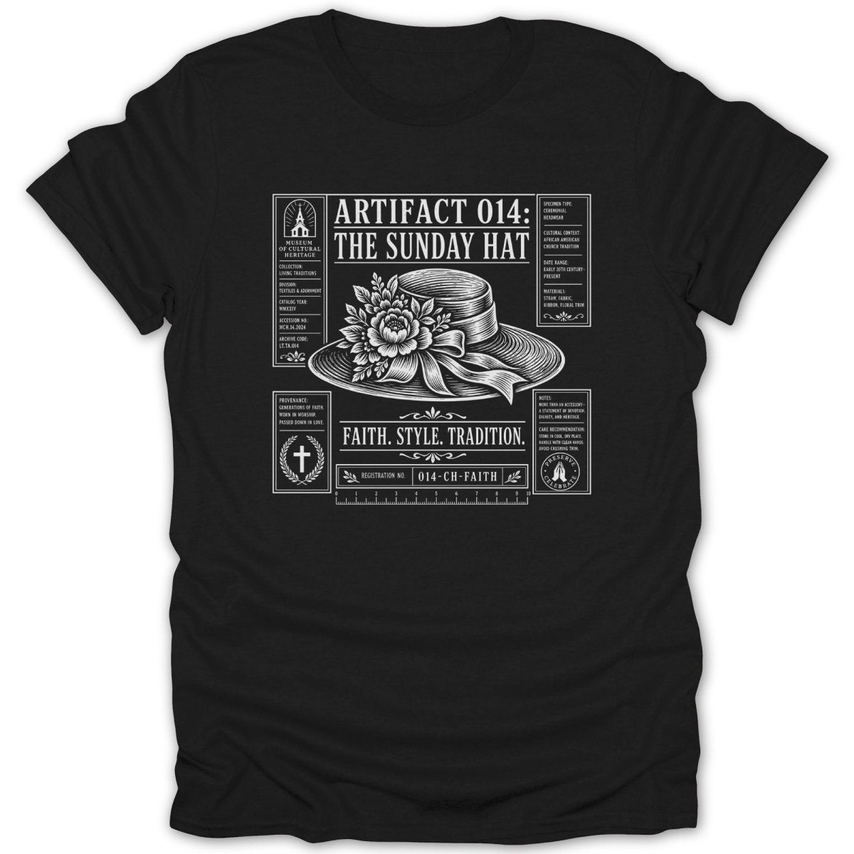 Black t-shirt with graphic of a straw hat, "Artifact 014: The Sunday Hat."