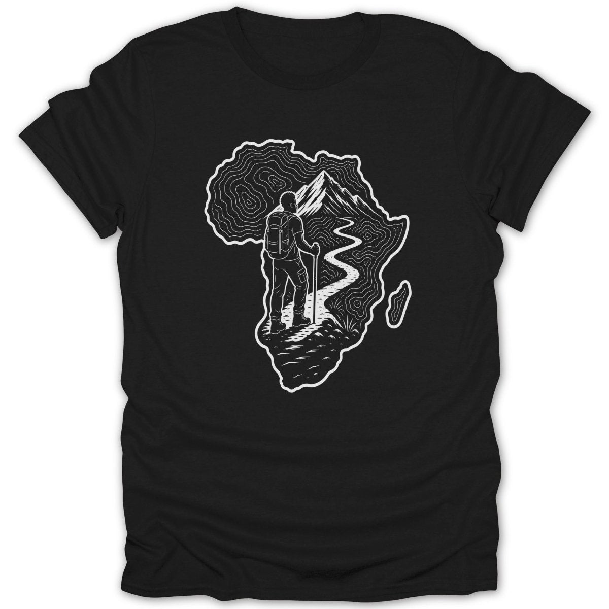 Black t-shirt with white outline of Africa Map showing a hiker on a mountain path inside.