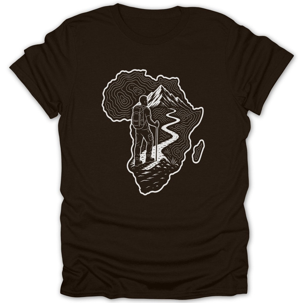 Hiker with backpack on path inside outline of Africa with topographic map lines.