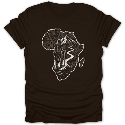 Hiker with backpack on path inside outline of Africa with topographic map lines.