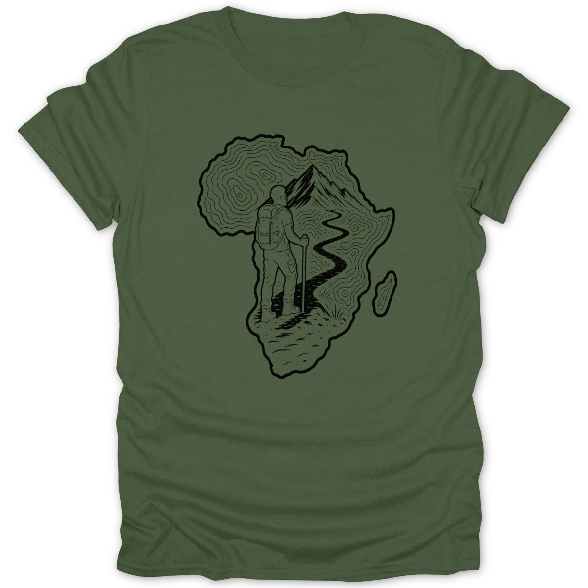 Line art of a hiker within contoured map of Africa on green t-shirt