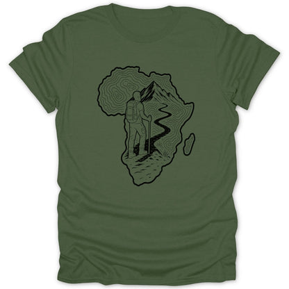 Line art of a hiker within contoured map of Africa on green t-shirt