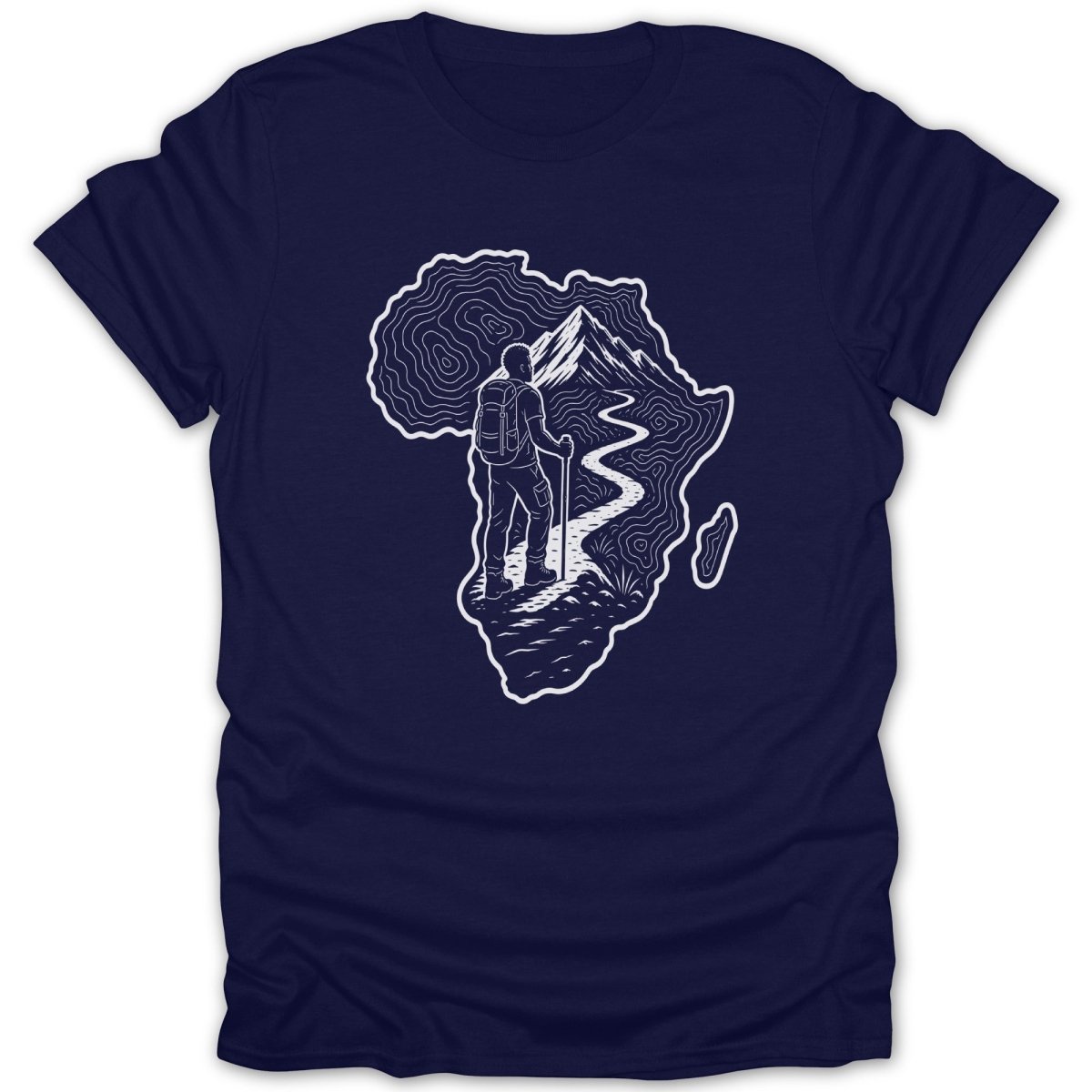 T-shirt graphic featuring a hiker on a mountain path within the outline of Africa.