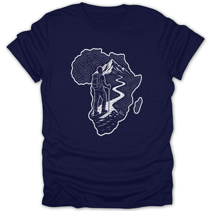 T-shirt graphic featuring a hiker on a mountain path within the outline of Africa.