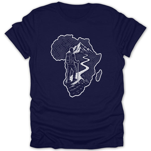 T-shirt graphic featuring a hiker on a mountain path within the outline of Africa.
