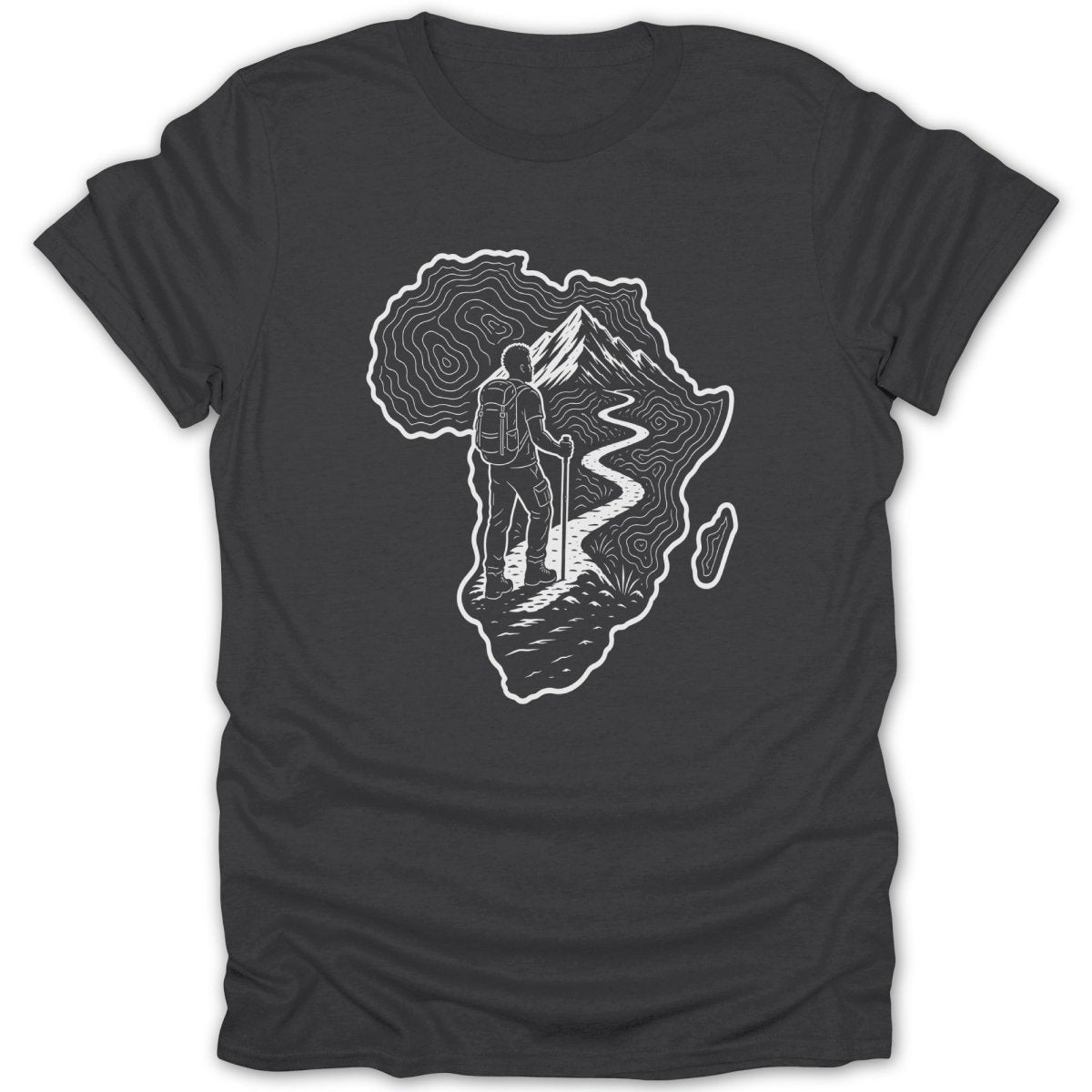T-shirt with white outline of Africa, topographical map, and hiker on mountain path.