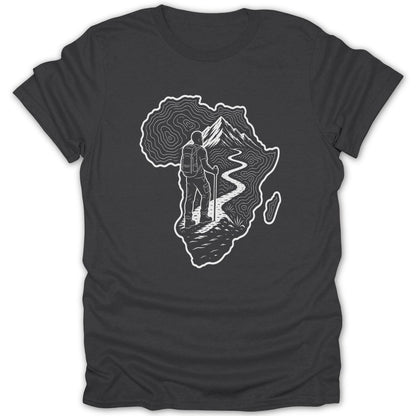 T-shirt with white outline of Africa, topographical map, and hiker on mountain path.