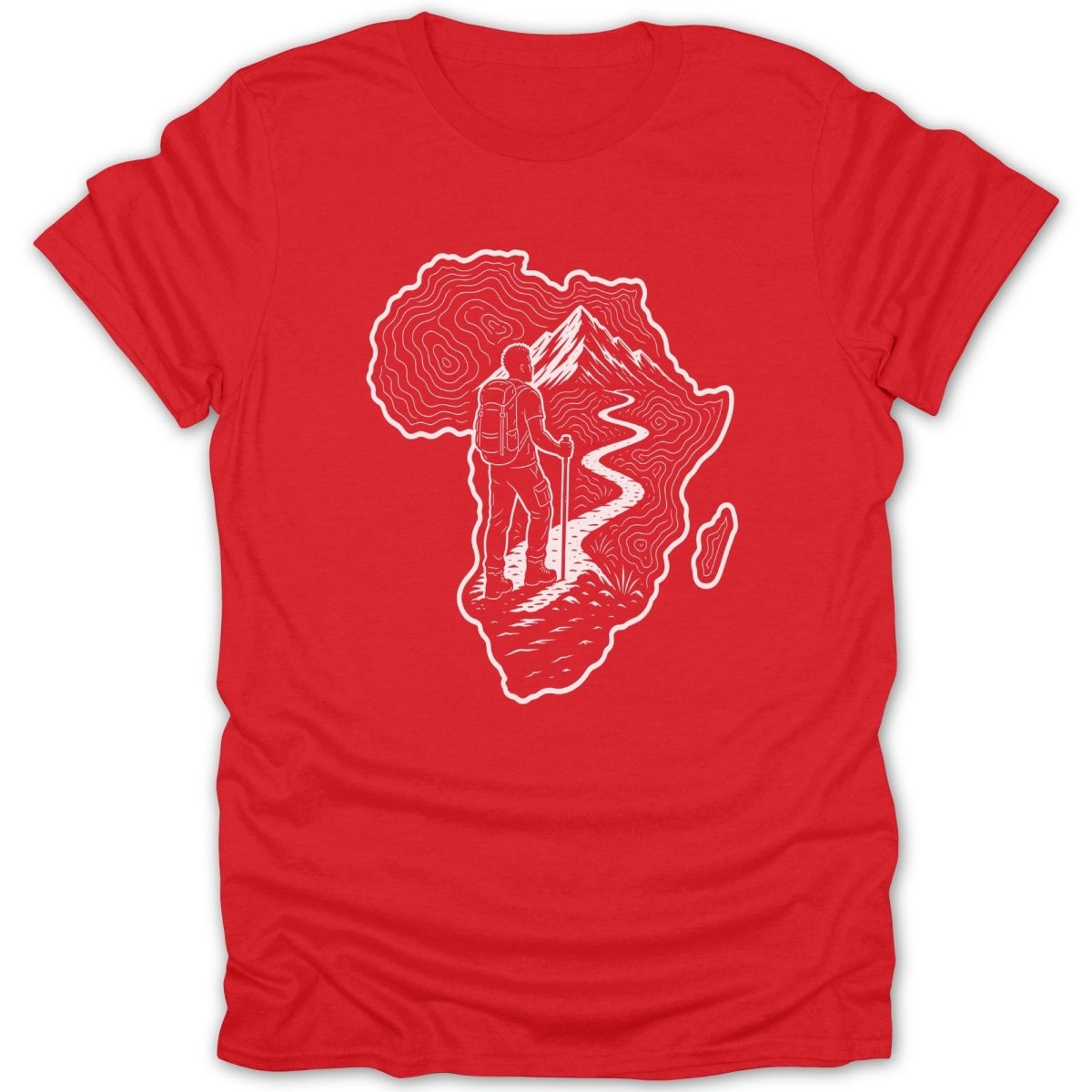 Red t-shirt with white outline of Africa featuring a hiker on a mountain path.