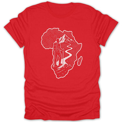 Red t-shirt with white outline of Africa featuring a hiker on a mountain path.