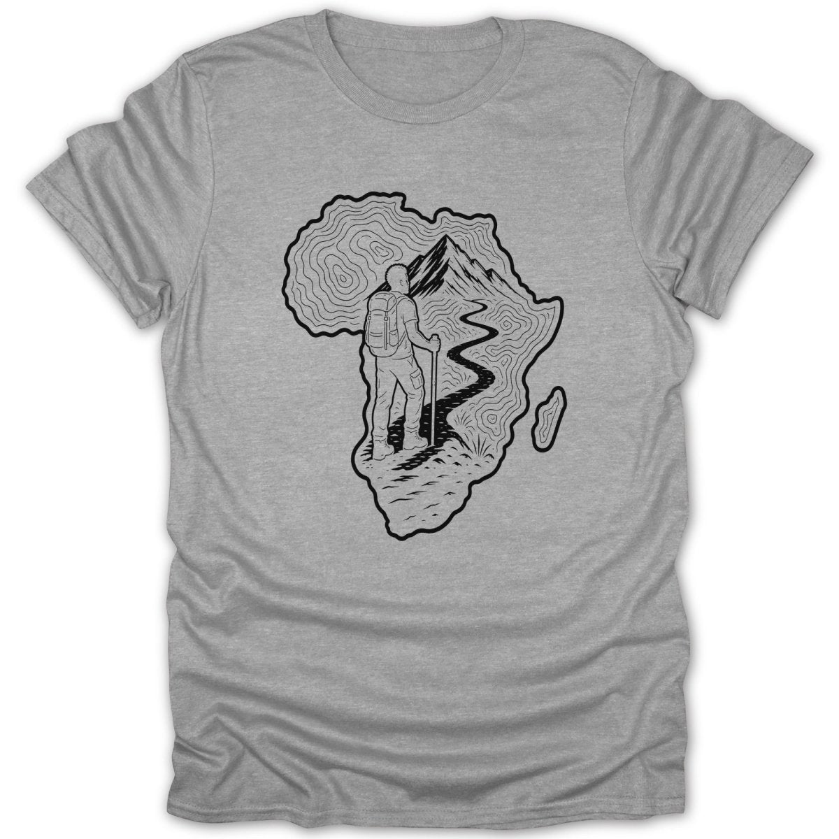 Line art of a hiker within the outline of Africa, featuring a mountain and topographic lines.