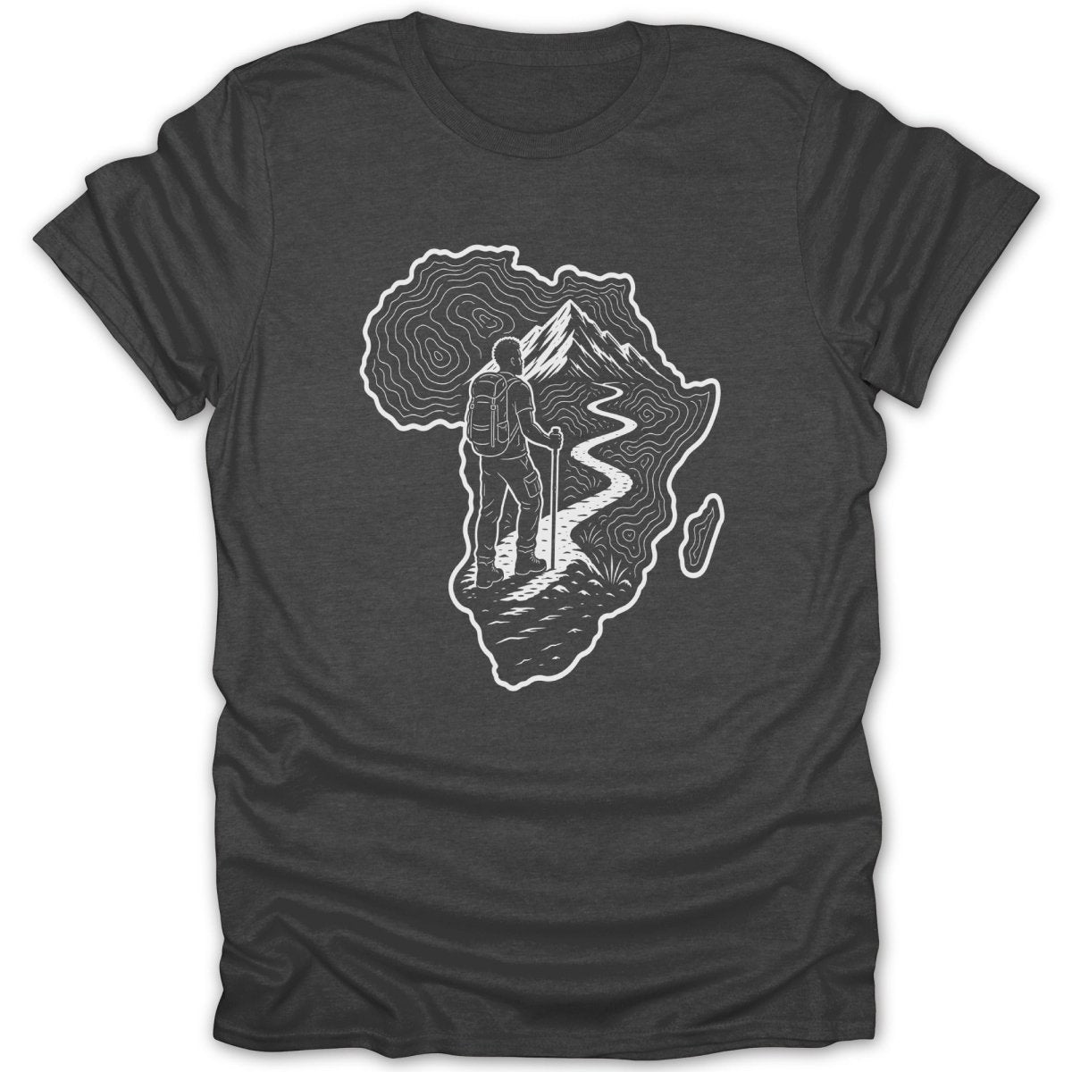 Graphic outline of Africa with a hiker on a mountain path inside.