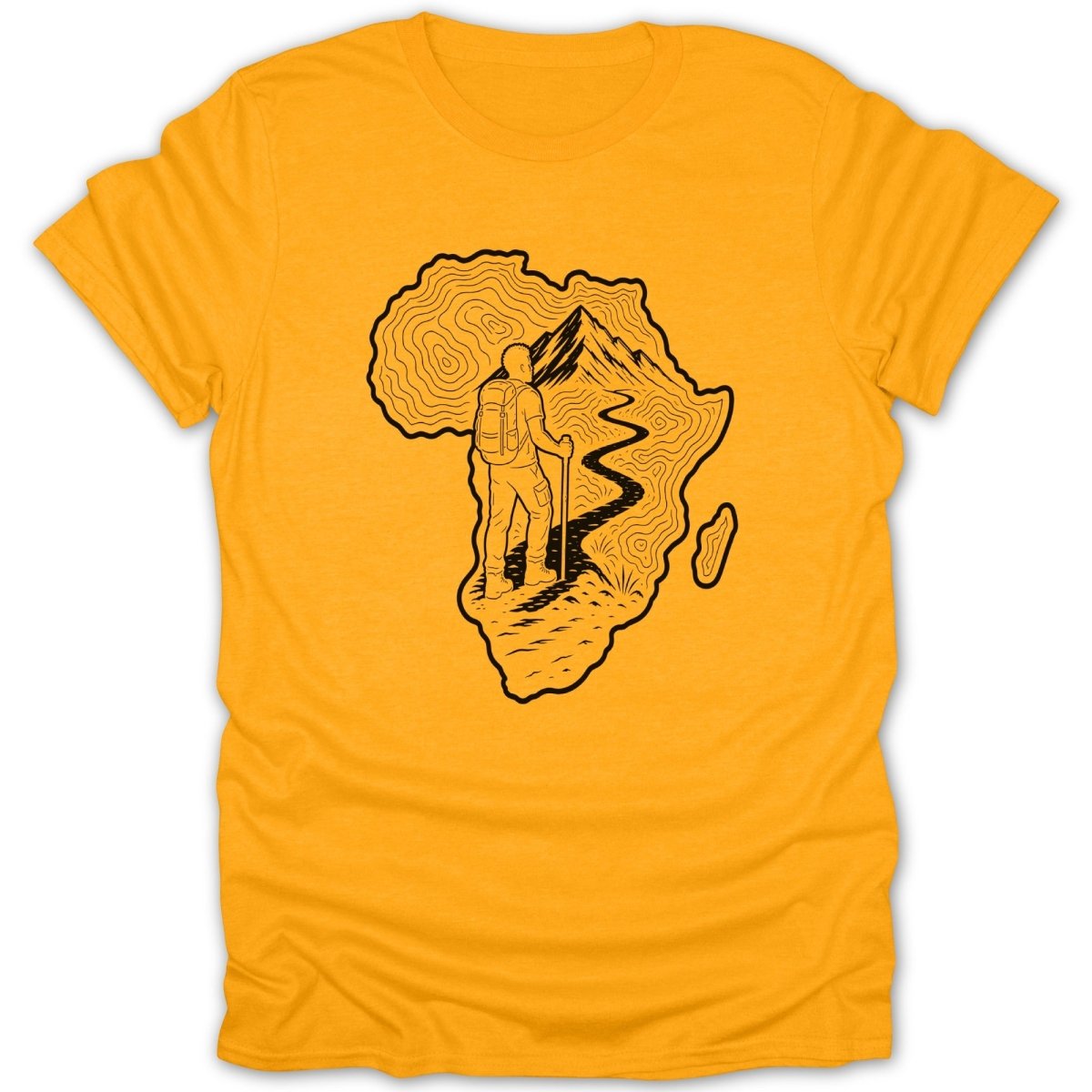 Yellow t-shirt with a black outline of Africa featuring a hiker and mountains.