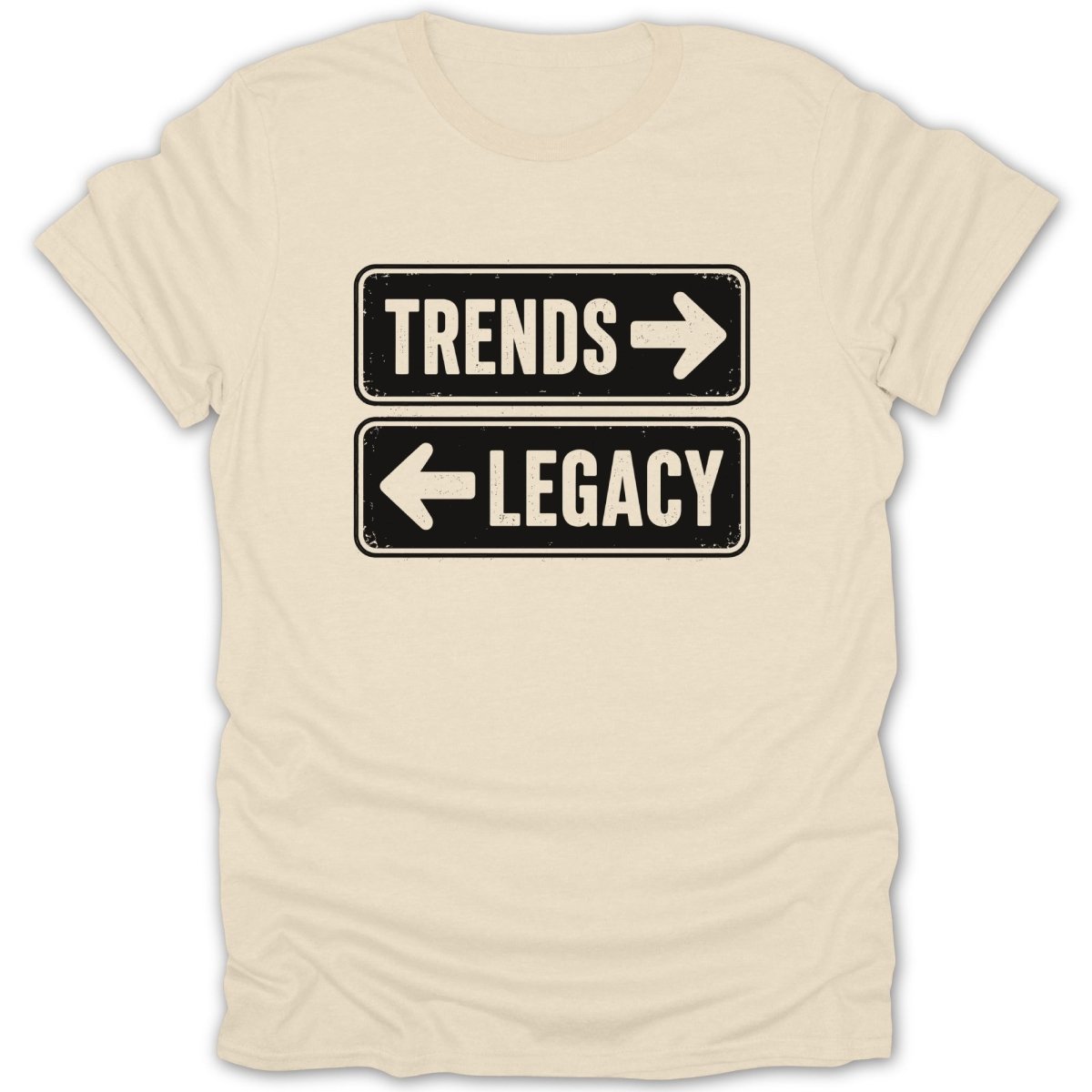 T-shirt with black rectangles, one labeled "TRENDS" with an arrow right, one "LEGACY" with an arrow left.