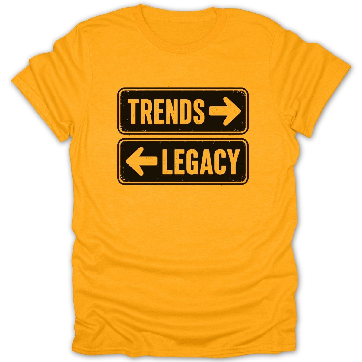 Yellow t-shirt with "Trends" arrow right and "Legacy" arrow left.