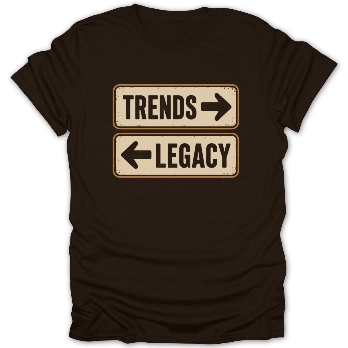 Dark t-shirt with two signs: "TRENDS" pointing right, "LEGACY" pointing left.