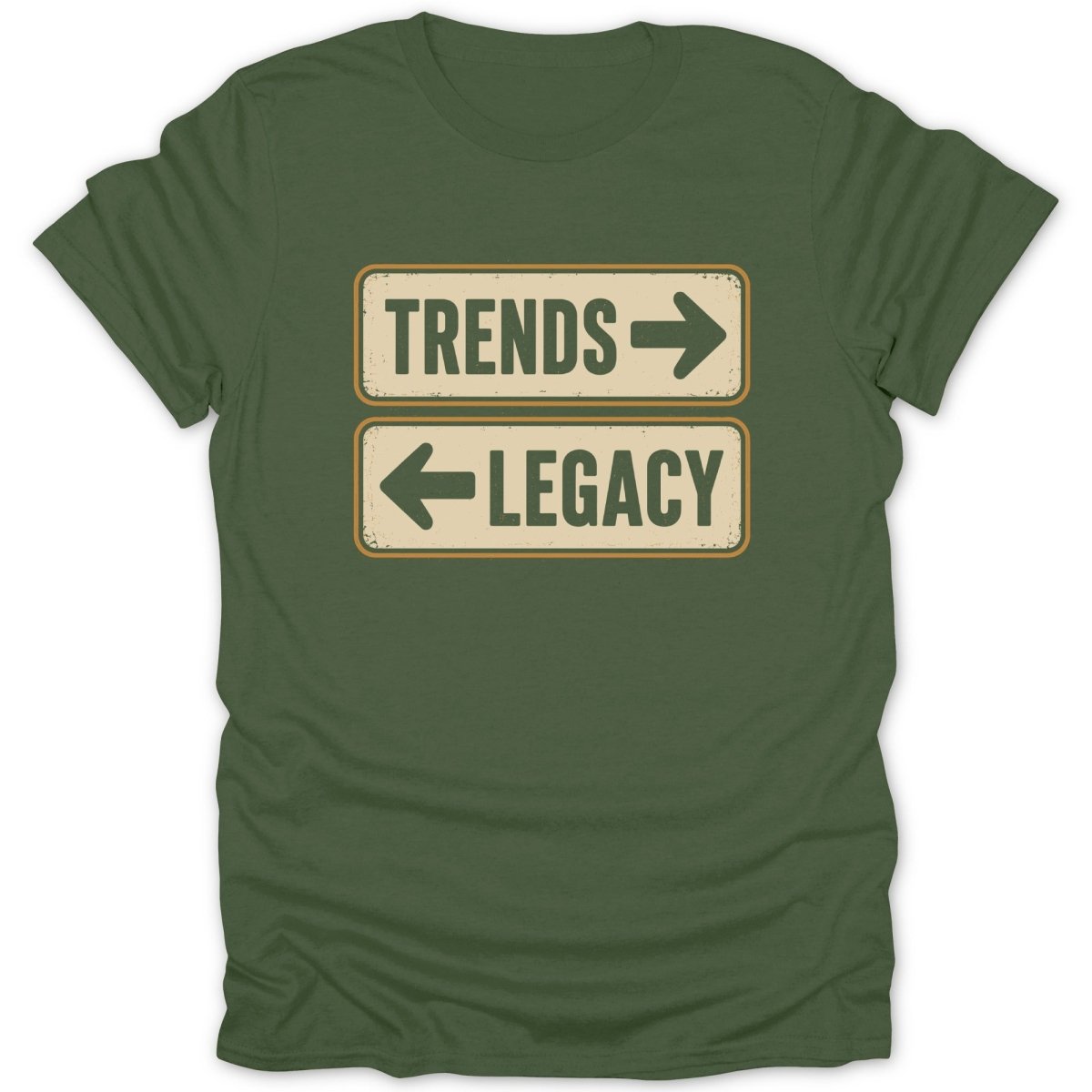 Green t-shirt with two signs: "Trends" pointing right, "Legacy" pointing left.