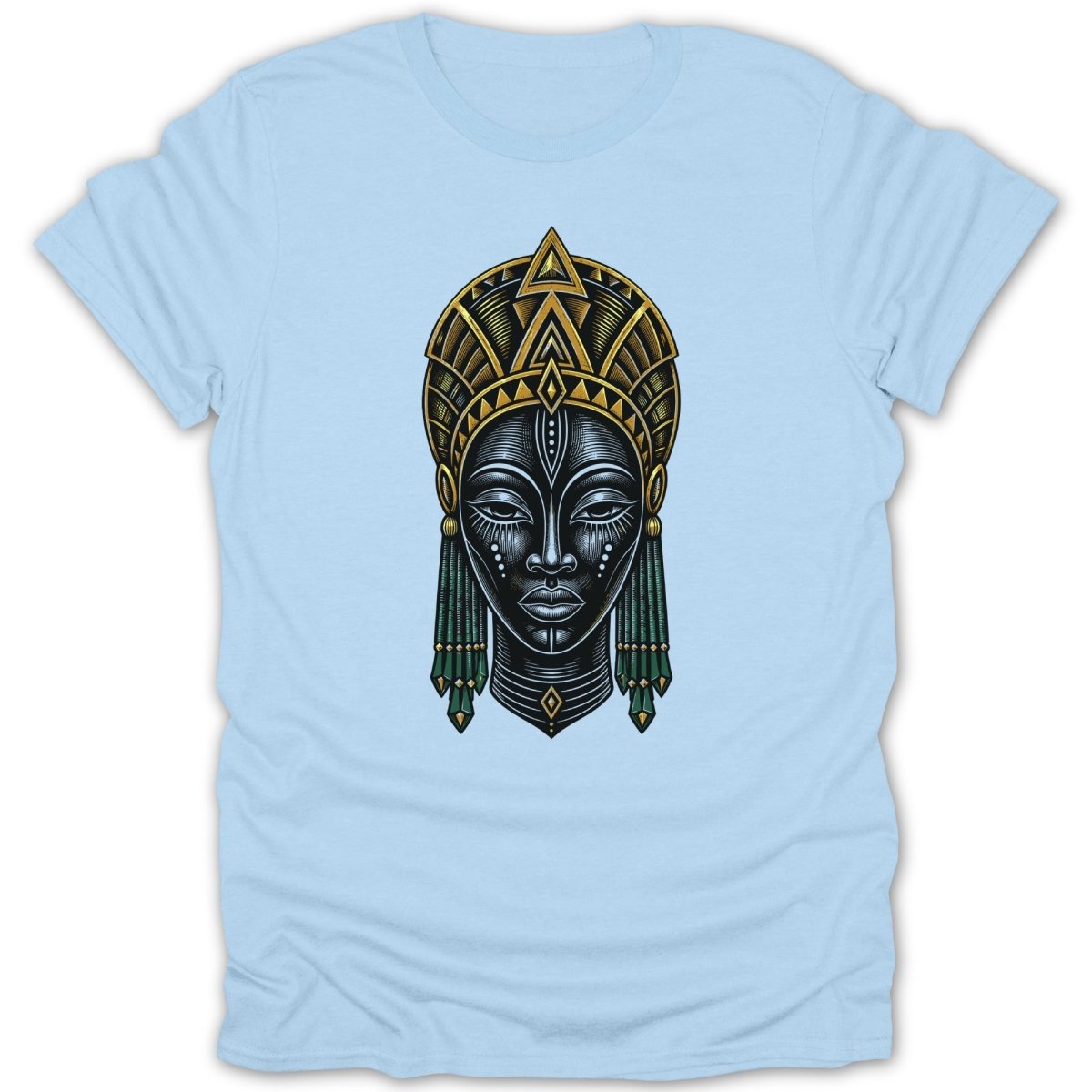 Light blue t-shirt with a graphic of a woman's face with elaborate gold and black headdress.