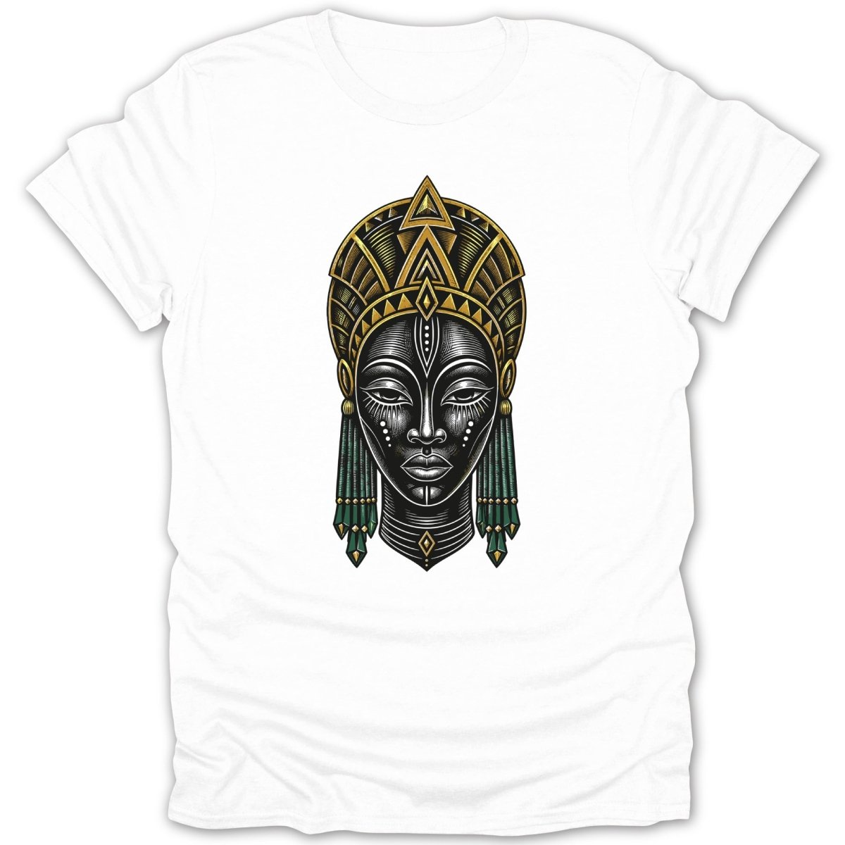 T-shirt with graphic of a stylized African woman's face in green and gold headdress.