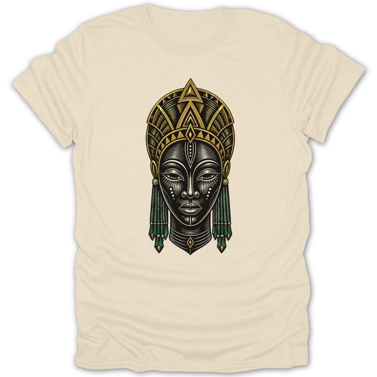 African queen face with gold headdress and green beaded earrings.