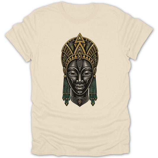 African queen face with gold headdress and green beaded earrings.