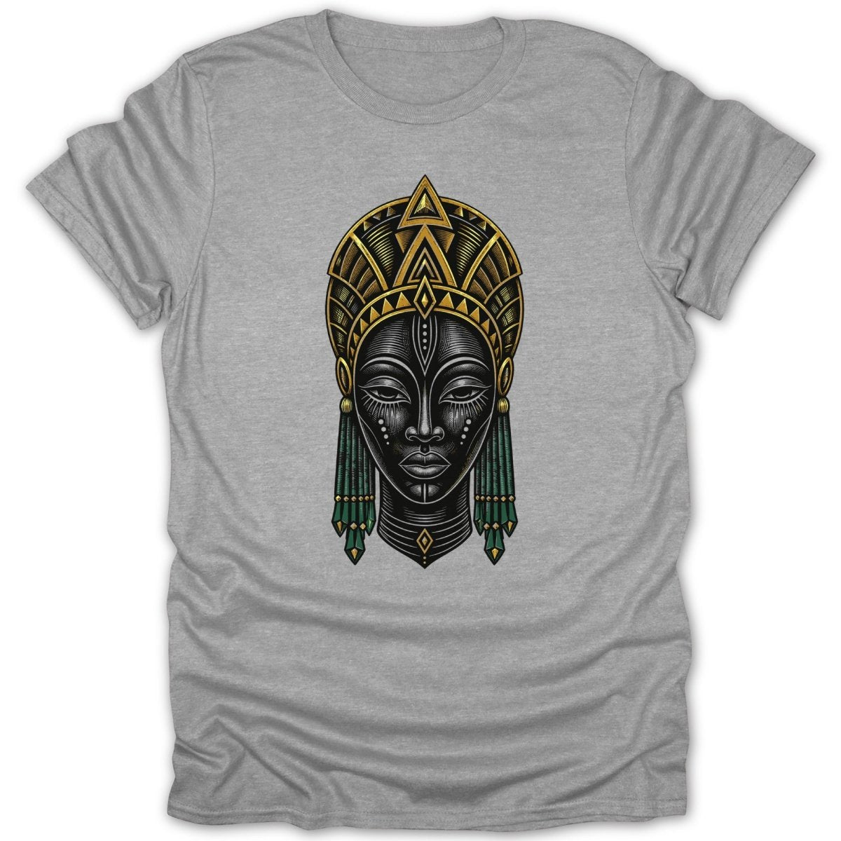 T-shirt with illustration of a regal Black woman wearing a golden headdress.